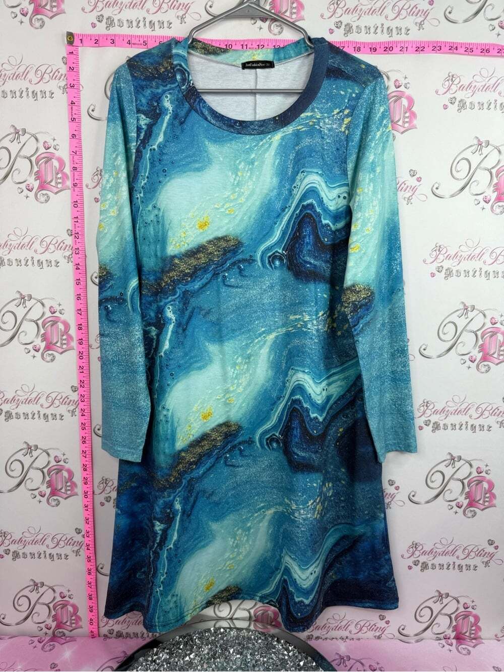 JUST FASHION NOW dress Marble-Print Blue Midi Dress with Long Sleeves